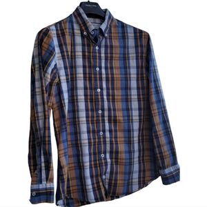 Nick Graham Everywhere Mens Size L Shirt Long Sleeve Button Down Plaid Blue &Tan